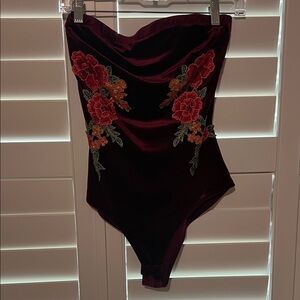 Forever 21 Burgundy Velvet Floral Embroidered Bodysuit